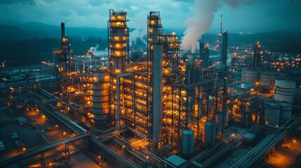 Fototapeta premium Large industrial facility illuminated at dusk with numerous structures for mining, excavation, and metallurgy. Infrastructure spans the area, highlighting active processing of minerals.
