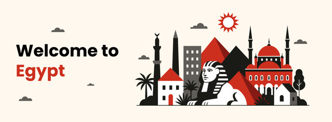 Vector illustration of Egypt featuring iconic landmarks including the Sphinx, pyramids, mosque, palm trees, and modern buildings in a flat, minimalist style