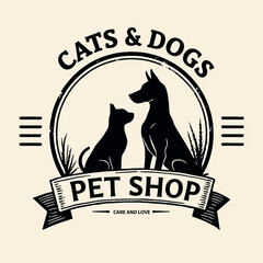 Silhouettes of a dog and cat highlight a pet shop logo that emphasizes care and love for animals. The design captures the essence of companionship and warmth.