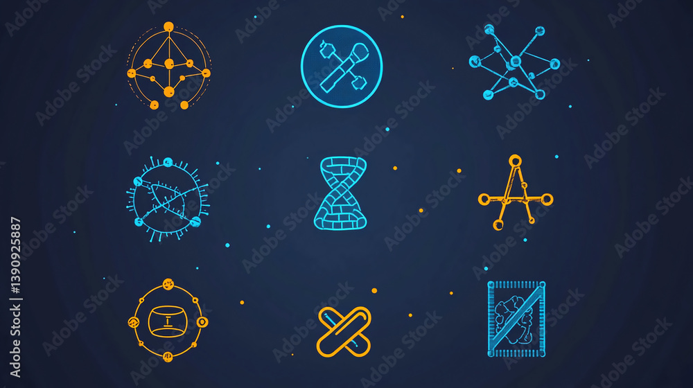 Poster abstract digital art background with science and technology icons on a dark blue background design 3