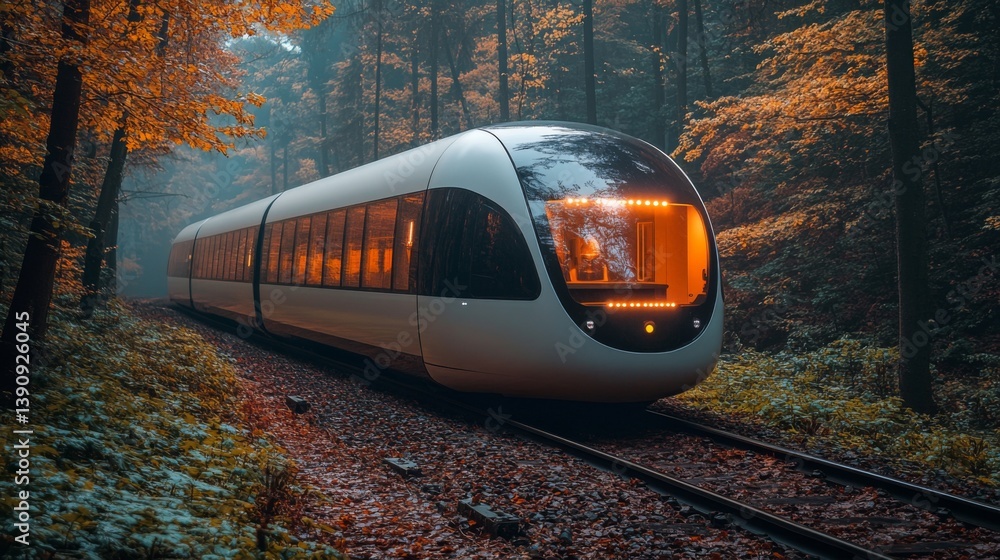 Poster an advanced autonomous train moves quietly along a railway surrounded by vibrant autumn foliage. its