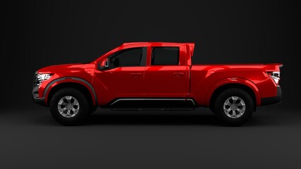 Red pickup car on grey background side view