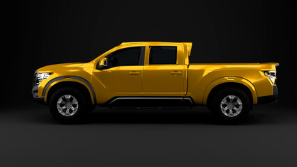 Yellow pickup car on grey background side view