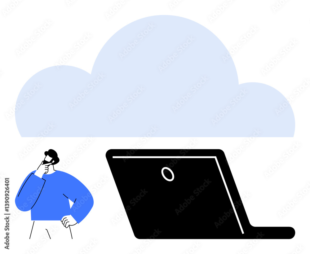Poster man with thoughtful pose next to laptop beneath large cloud shape. ideal for technology, cloud stora