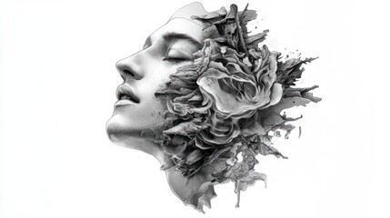 Fototapeta premium Abstract grayscale woman's face, floral burst, studio shot