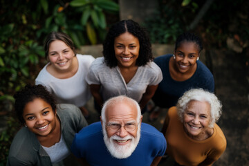 Multigenerational diverse group of people smiling together outdoors
