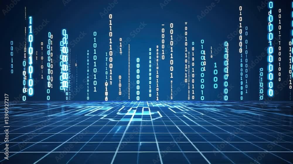 Poster futuristic digital landscape cascading binary code in blue tones, enhancing technology and innovatio