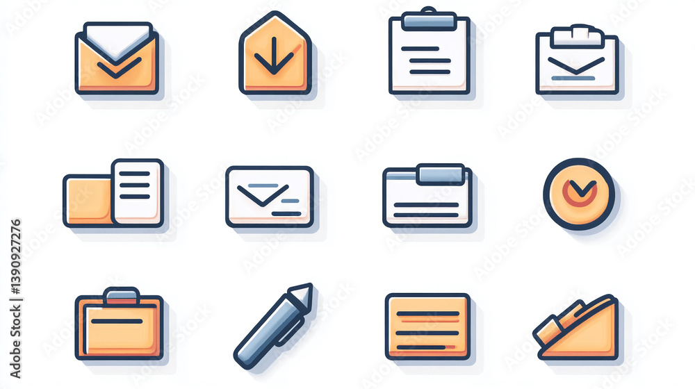 Poster office communication icons vector set email message clipboard pen and file folder elements for web d