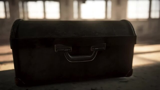 Abandoned factory view quickly zooms to focus on a dark vintage toolbox on the dusty floor