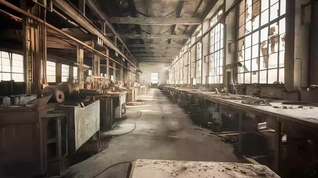 Slow pull back through a long, dusty, abandoned industrial factory hall with old machinery