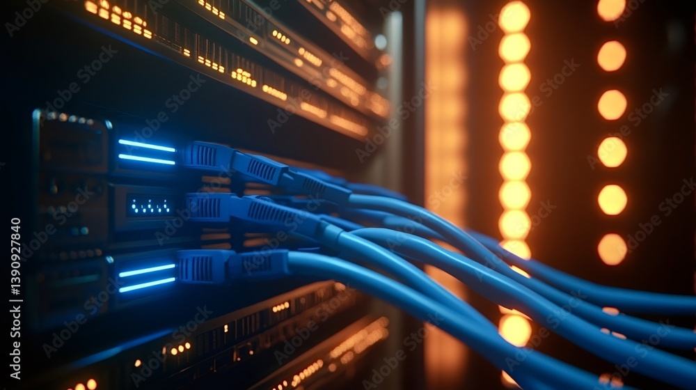 Poster blue network cables connecting to a server in a data center, blinking with vibrant blue lights, set 