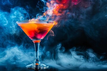 A colorful cocktail in an elegant martini glass, with smoke swirling around it against a dark