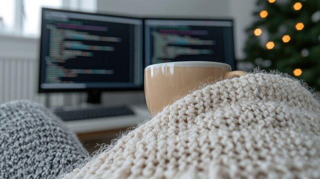 Cozy coding session, warm drink and comfy blanket