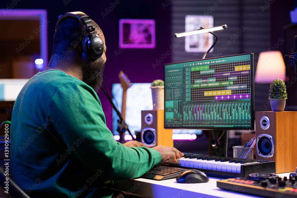 Poster pleased sound engineer adding piano notes on his audio recordings, creating special effects on new m