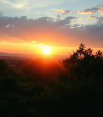 Fototapeta premium Dusty textured sunrise over vintage landscape, aged, landscape