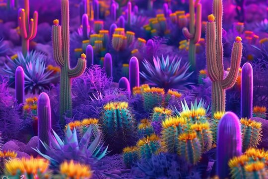 A psychedelic desert with many cacti, featuring vibrant purple and yellow colors, a trippy and