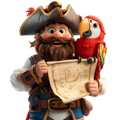 A Fluffy 3D Cartoon Pirate with Parrot and Treasure Map Isolated on Transparent Background