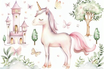A set of cute watercolor clipart featuring a unicorn with a pastel pink mane, a castle, trees, and