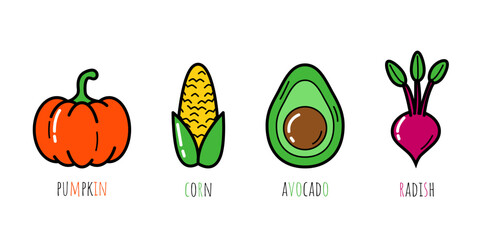 Vegetables, ingredient. Simple style, thin line icons set. Pumpkin, corn, avocado, radish. Ingredients set collection. Vector illustration