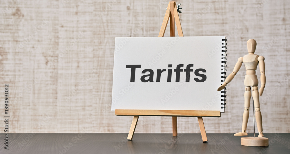 Poster there is notebook with the word tariffs. it is as an eye-catching image.