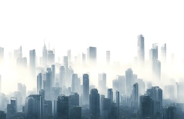 Abstract cityscape with tall buildings shrouded in mist or fog against a white background.