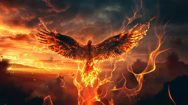 Mythical phoenix rising from its ashes in a burst of flames, wings spread wide against a twilight sky