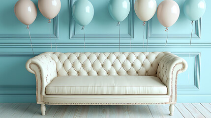 Elegant cream sofa against a textured blue wall decorated with pastel balloons creating a festive atmosphere.