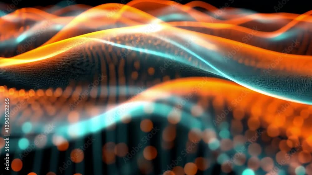 Poster dynamic abstract waves glowing particles in vibrant orange and teal colors create energetic digital 