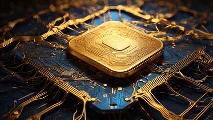 Close-up of a futuristic microchip with glowing circuits on a dark blue and black circuit board.