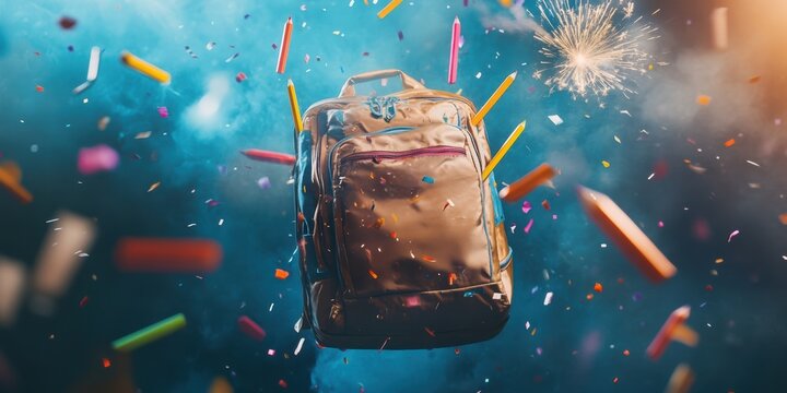 Backpack in the air with confetti and pencils celebrating creativity and imagination