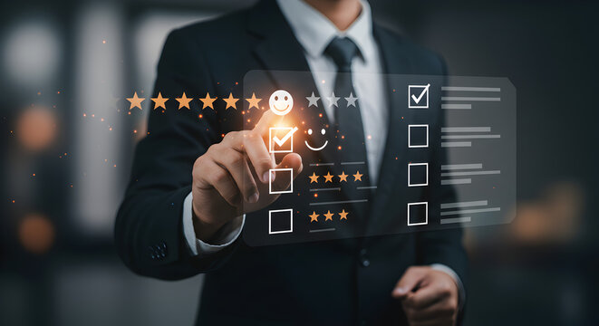 A person in a suit interacting with a digital interface showing ratings and a checklist format