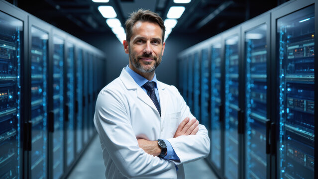 confident professional lab coat stands modern data center, surrounded by server racks, showcasing expertise and innovation