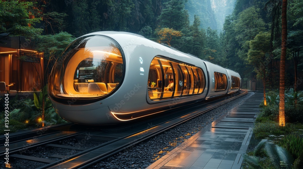 Poster a sleek smarttrain travels along a railway surrounded by dense, vibrant vegetation. the innovative d
