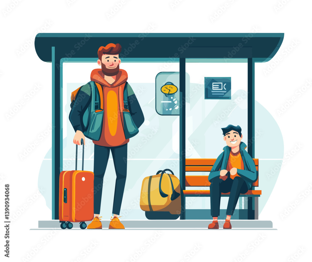 Poster two friends standing at a bus stop are captured smiling and chatting in a flat modern art style