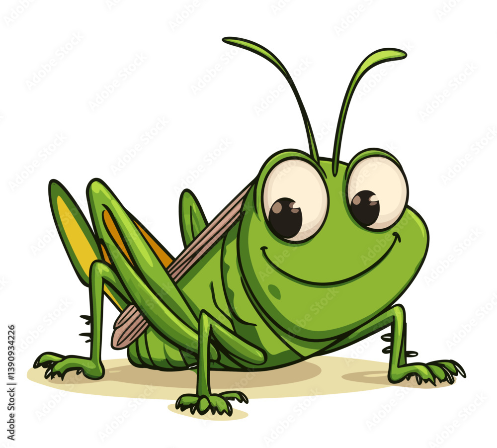 Poster a cheerful green grasshopper character is depicted in a modern art style with a playful flat design