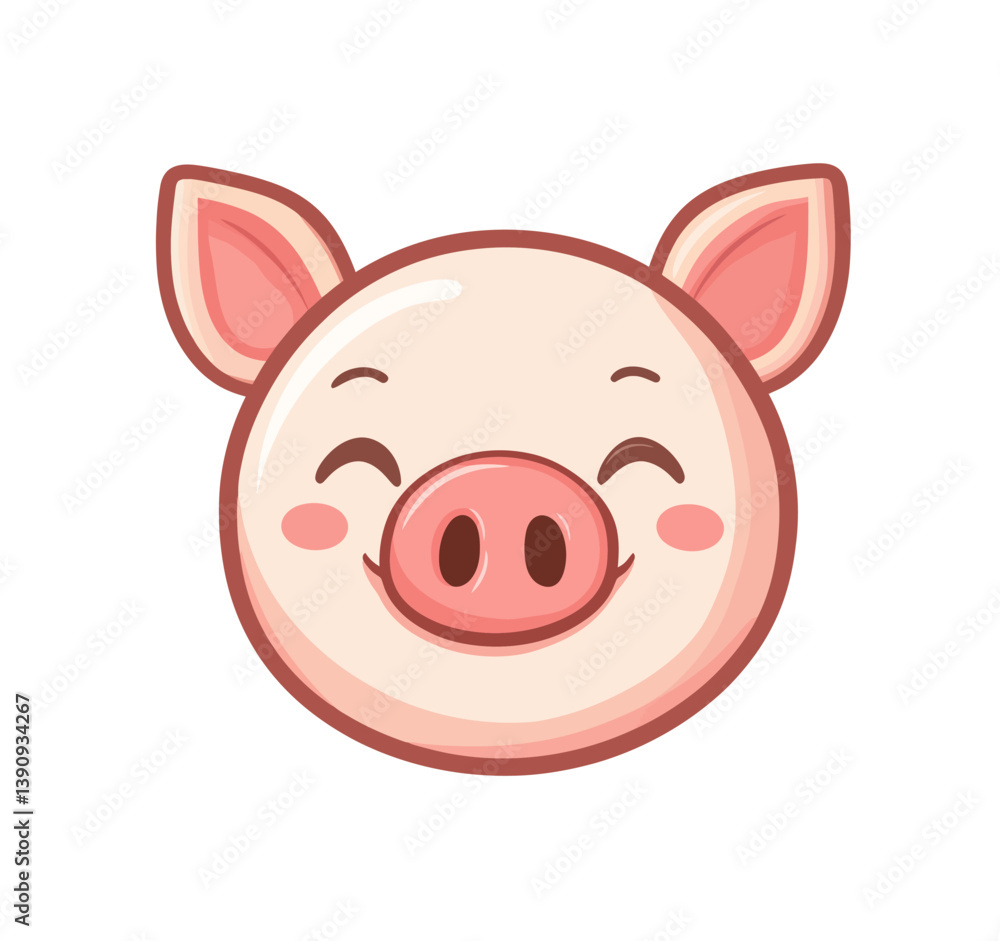 Poster modern illustration of a cute pig face with a smiling expression, created in a flat design style usi