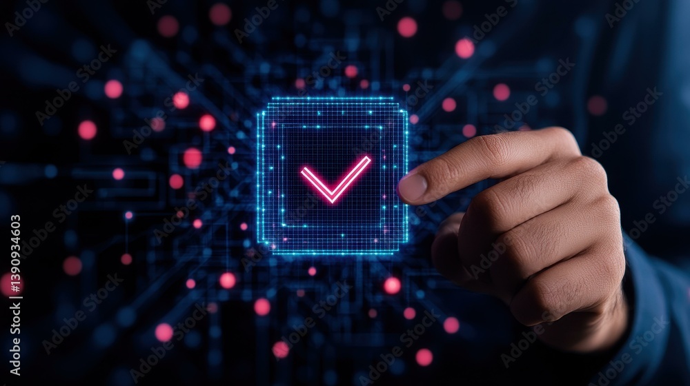 Poster a hand hovers over a box with a check mark, symbolizing tech advancements in cybersecurity and ai in