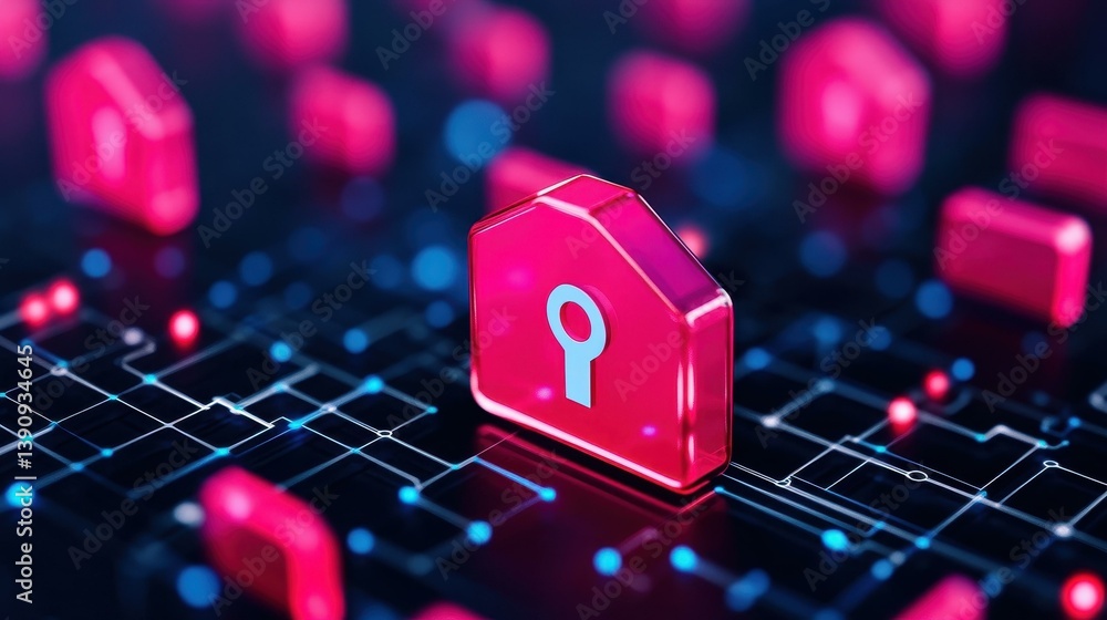Poster a sleek network protection icon adorned with textures, set against a dynamic cyber network backdrop.