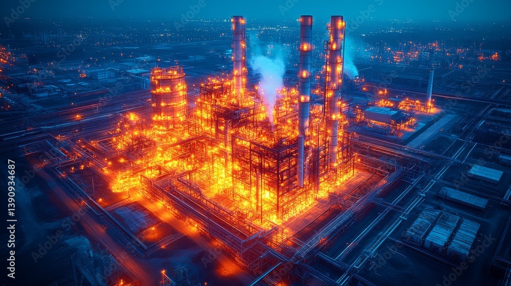 Poster An expansive energy generation facility is illuminated by bright flames as smoke billows upwards. The infrastructure showcases intricate extraction processes at dusk.