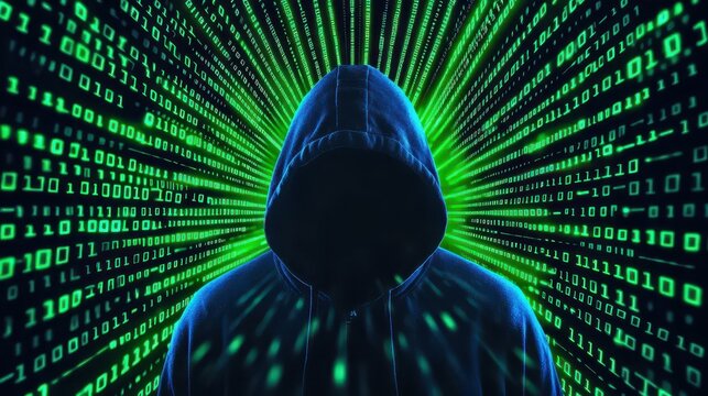 A shadowy cloaked figure looms over a wall of code, embodying the threats in cybersecurity and the crucial need for vigilance.