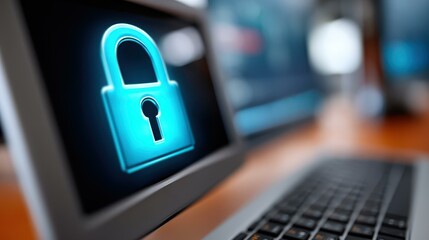 A computer screen displays a virtual lock, emphasizing the critical importance of cybersecurity and protecting data integrity.