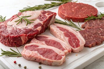Fototapeta premium Fresh Raw Steak with Rosemary and Peppercorns on White Background