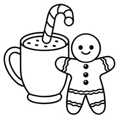 Gingerbread Man with Hot Cocoa and Candy Cane – Christmas Coloring Page