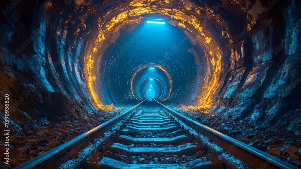 Poster Workers are in an underground mining tunnel with glowing walls. Steel tracks lead deeper into the earth, indicating extensive extraction and processing operations in the area.