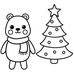 Christmas Bear and Tree Coloring Page | Cute Holiday Line Art