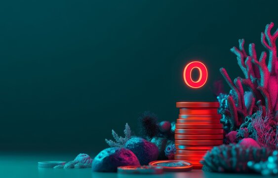 Coral reef themed digital asset, glowing orange zero
