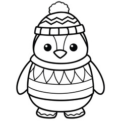 Cartoon Christmas character, Santa Claus, and a cute, funny cartoon penguin illustration coloring page