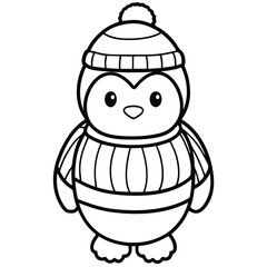 Cartoon Christmas character, Santa Claus, and a cute, funny cartoon penguin illustration coloring page