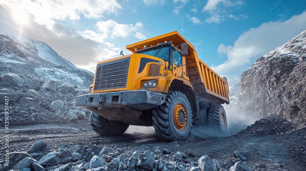 Aufkleber a large dump truck navigates through a quarry, moving extracted materials across rough terrain while