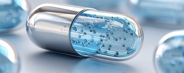 Synthetic biology DNA future science concept. Transparent capsule with blue liquid and particles, surrounded by similar capsules.
